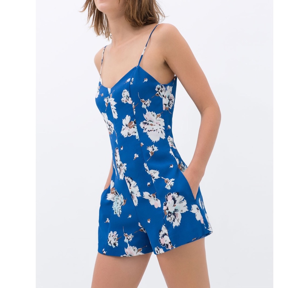 Zara trafaluc royal blue floral jumpsuit